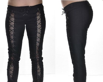 SALE!Black lace up pants with fishnet,rocker pants