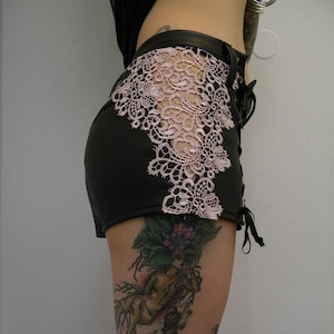 Faux leather shorts, leather and lace shorts