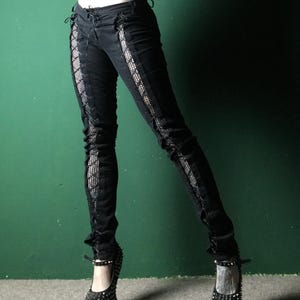 Black lace up pants with fishnet,rocker pants