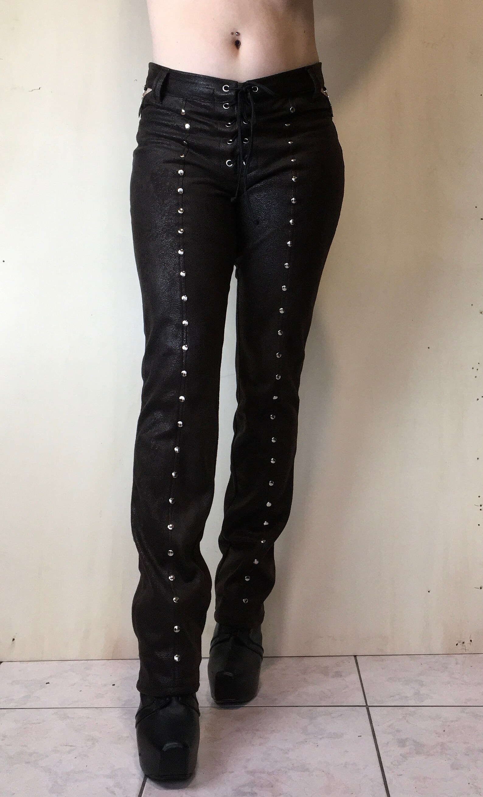 Brown Pants With Studs Fake Leather Pants Pentagram Straight Etsy