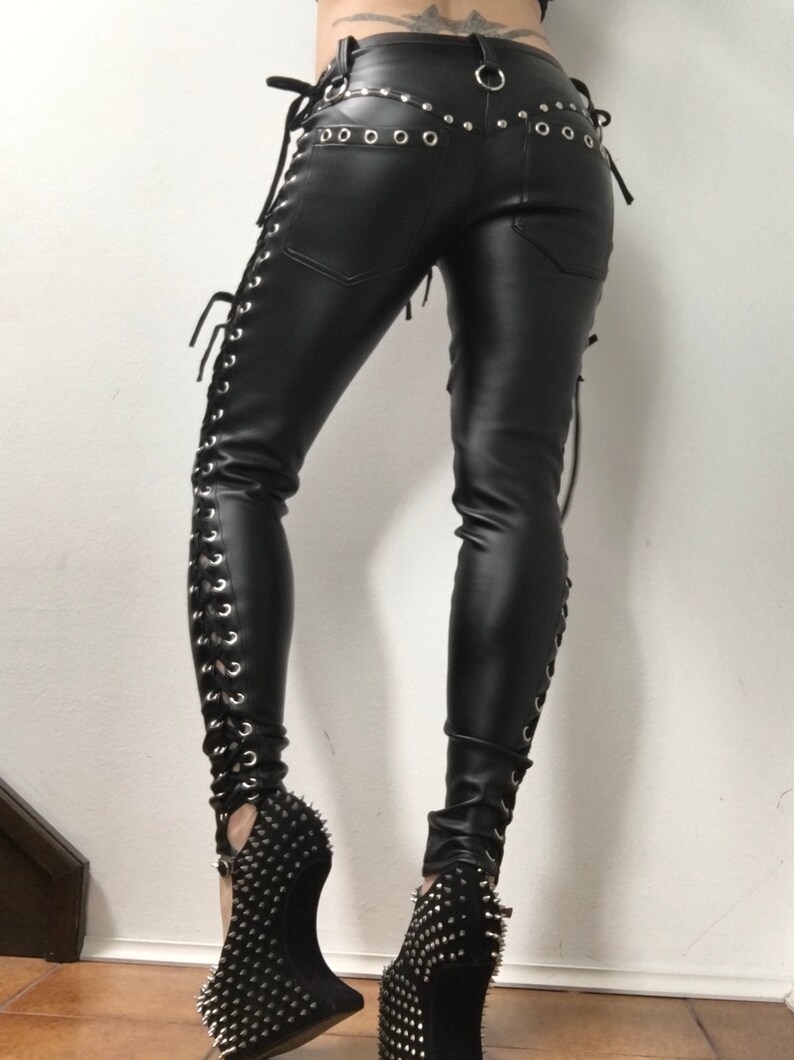 Heavy metal biker tight pants with rivets and lacing | Etsy