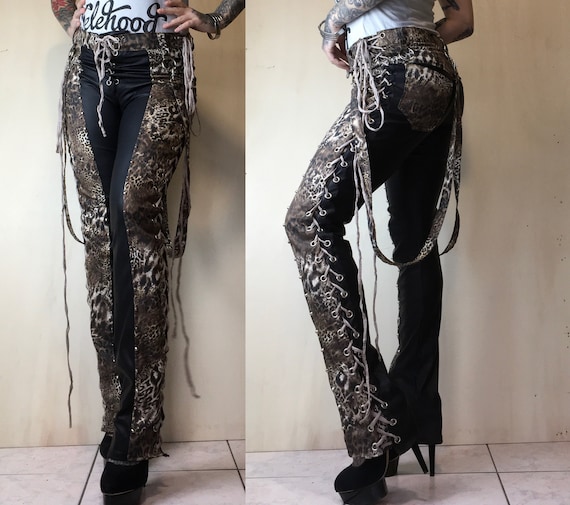 Stretchy Faux Leather and Leopard Pants for Women, Punk