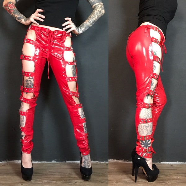 Red shiny PVC tight pants with belt buckles