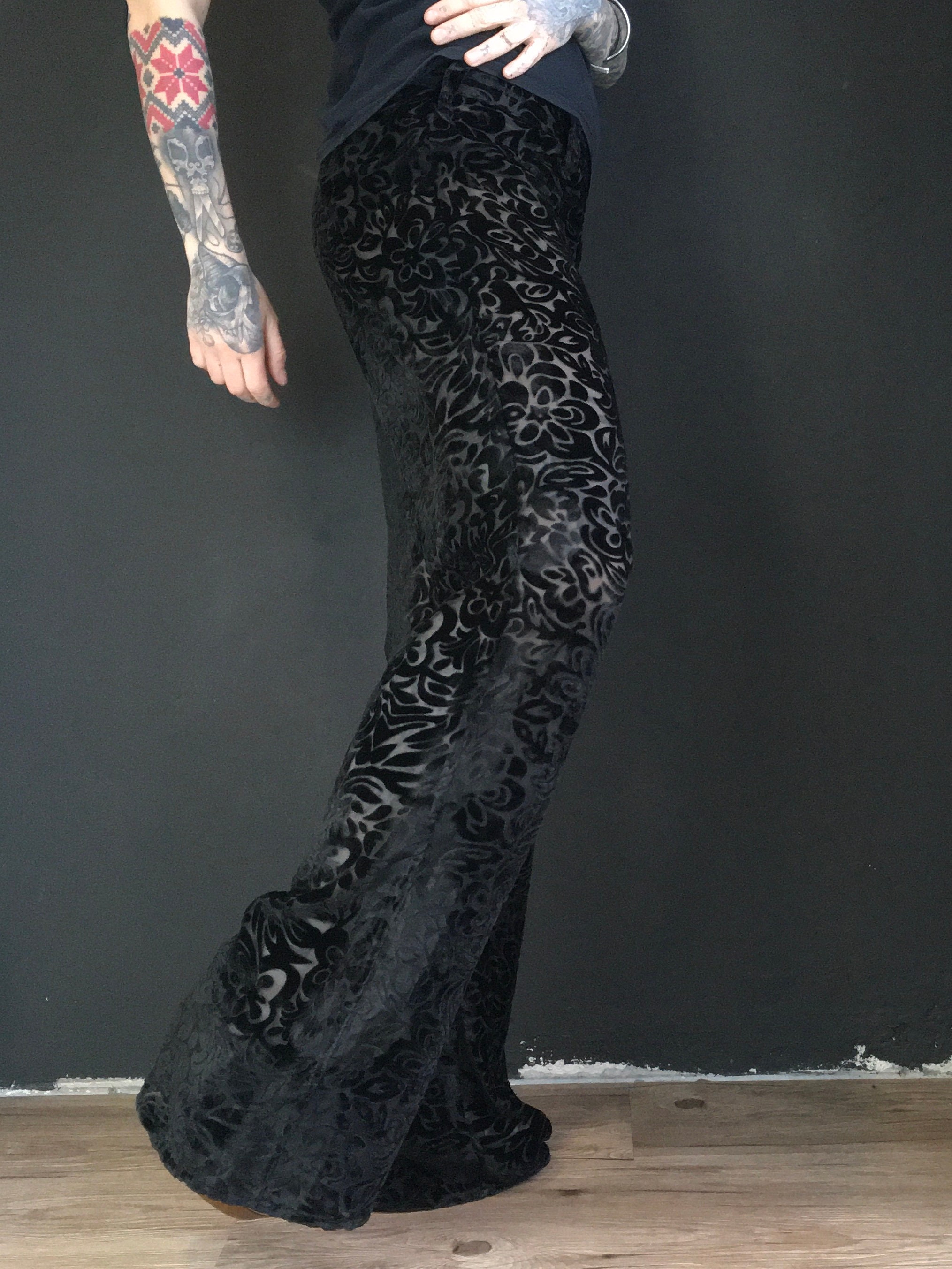 Fashion See-Through Lace Black Wide Leg Pants