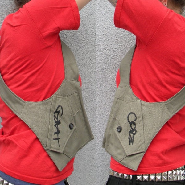 Holster bag,vest,hardcore military green cotton,bike sprocket,screen printed hard core pockets