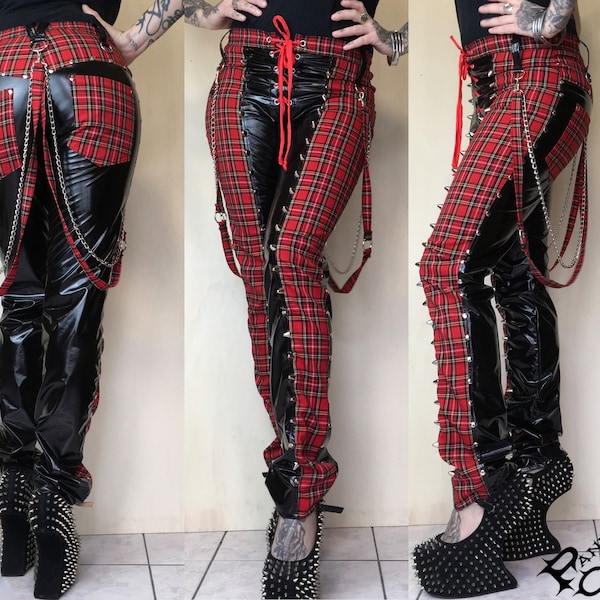 Studded pants, punk rocker tartan and pvc tight pants