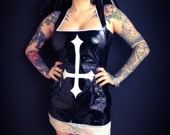 PVC Nun Dress with Veil: Satanic Inverted Cross, Lace Trim