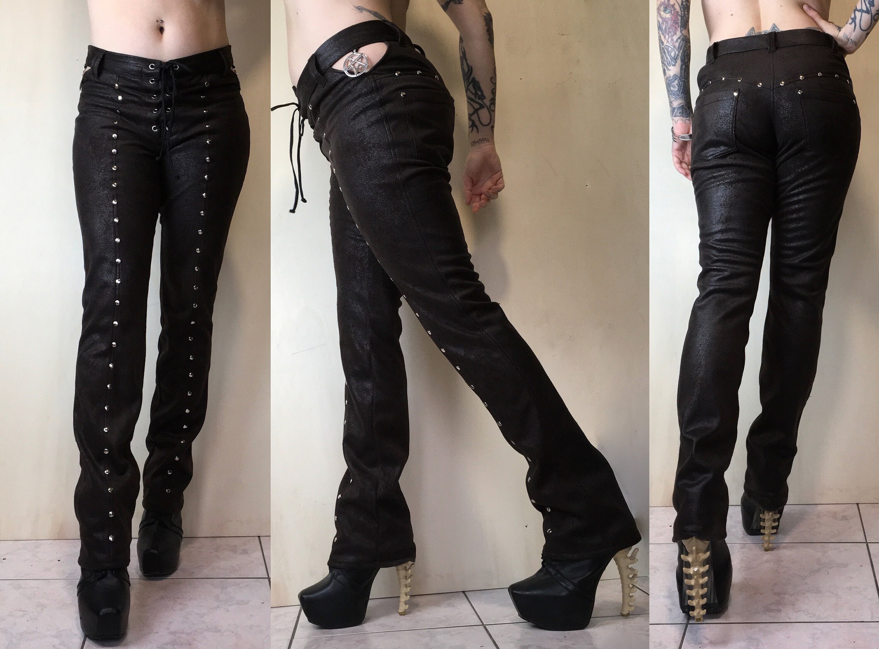 Brown Pants With Studs Fake Leather Pants Pentagram Straight Etsy