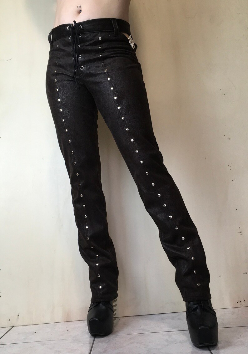 Brown Pants With Studs Fake Leather Pants Pentagram Straight Etsy