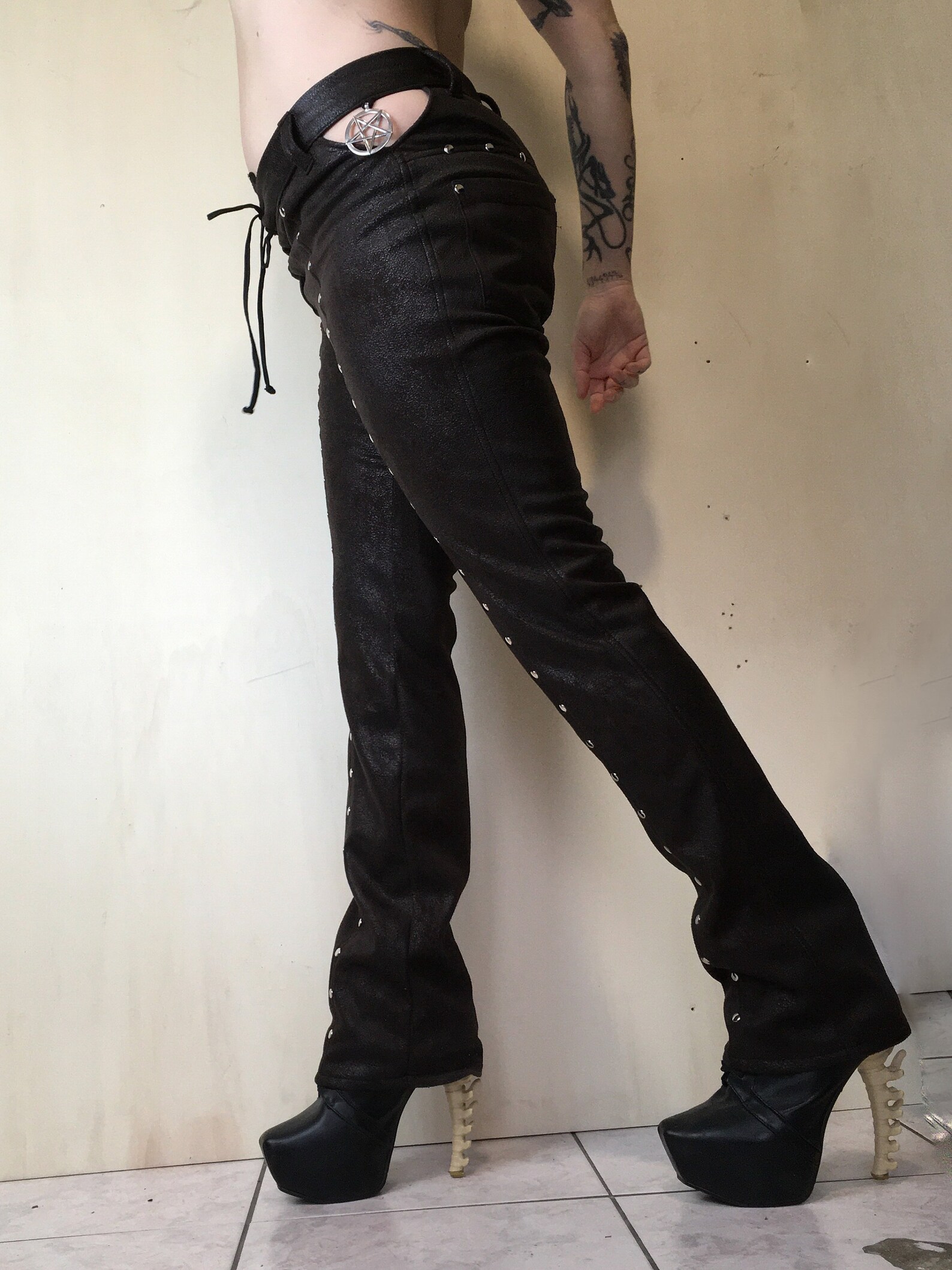 Brown Pants With Studs Fake Leather Pants Pentagram Straight Etsy