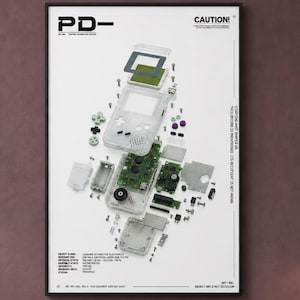 May include: A framed wall poster featuring an exploded view diagram of a handheld gaming console. The white background displays the disassembled components, including the circuit board, buttons, and casing, with the text PD- and CAUTION! visible.