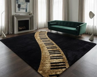 Hand Tufted Wool Piano Keys Rug, Modern Black Gold Living Room Carpet