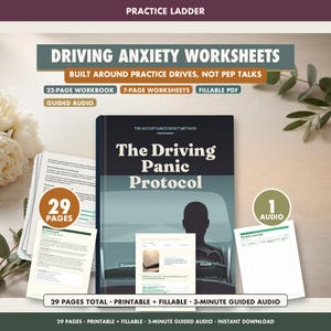 Op de afbeelding: Een digitaal werkboek getiteld The Driving Panic Protocol, met een donkere omslag met het silhouet van een bestuurder. De set bevat een werkboek van 22 pagina's, werkbladen van 7 pagina's en 1 audiobestand, in totaal 29 printbare pagina's.