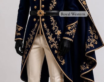 May include: A navy blue velvet military-style coat with gold embroidery, gold buttons, and a matching cape. The coat features a white cravat, a black belt with a gold buckle, cream-colored trousers, and black boots. The text Royal Western is visible.