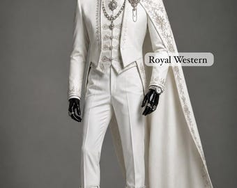 May include: A white suit featuring a vest, a long cape, and matching boots, all adorned with intricate silver embroidery. The ensemble includes a layered silver chain necklace and a brooch. The text Royal Western is visible on the right side.