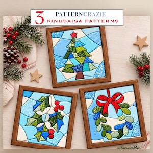 May include: Three square wooden frames containing Kinusaiga fabric art patterns. One features a green and blue patchwork Christmas tree, one shows green holly leaves with red berries, and one displays a green wreath with a large red bow.