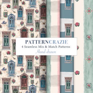 Puede incluir: Un gráfico digital que presenta cuatro patrones sin costuras para mezclar y combinar, etiquetado PATTERNCRAZIE 4 Seamless Mix & Match Patterns Hand-drawn. Los diseños incluyen ilustraciones en acuarela de ventanas arqueadas, flores rosas.