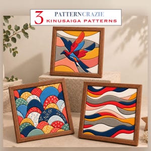 May include: Three square framed Kinusaiga art pieces with wooden frames. One features a colorful bird in flight, another displays a pattern of overlapping semicircles with floral and geometric prints, and the third shows abstract wavy lines in red, blue, and yellow.