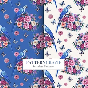 May include: A seamless pattern design featuring blue parrots, pink and white roses, and butterflies on both blue and cream backgrounds. The text PATTERNCRAZIE Seamless Patterns is centered in a white rectangular box over the repeating design.