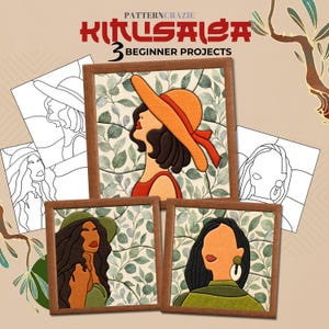 May include: Three framed fabric art pieces featuring stylized portraits of individuals against a leafy green background, accompanied by three black and white line art templates. The text PATTERNCRAZIE KURLSALSA 3 BEGINNER PROJECTS is visible.