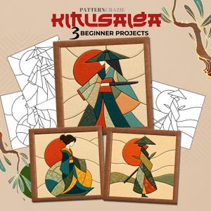 May include: Three framed fabric art pieces featuring stylized figures in traditional attire against a red sun background, accompanied by three black and white line art templates. The text PATTERNCRAZIE KIRIGAMI 3 BEGINNER PROJECTS is visible.
