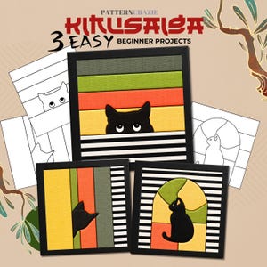 May include: Three framed fabric art pieces featuring black cat silhouettes against colorful striped and arched backgrounds, accompanied by two black and white line art templates. The text PATTERNCRAZIE KITTEN SALSA 3 EASY BEGINNER PROJECTS is visible.