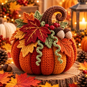 Può includere: Una zucca all'uncinetto nei toni dell'arancione e del rosso, sormontata da un gambo marrone riccio, due piccole ghiande all'uncinetto e un grappolo di foglie autunnali in tessuto rosso, giallo e verde, con sottili viticci verdi a spirale.