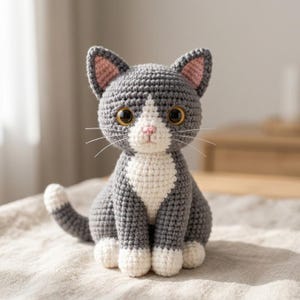 May include: A gray and white crocheted cat plush toy with large brown eyes, a pink nose, and white whiskers. The cat has a white chest, white paws, and a white-tipped tail, with pink inner ears, sitting in an upright position with a textured yarn finish.