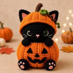 Op de afbeelding: Een gehaakte zwarte kat knuffel met een oranje pompoenmuts met een bruine steel en groene rank. De kat zit in een grotere gehaakte oranje pompoen met een zwart jack-o'-lantern gezicht en zwarte pootjes met roze kussentjes.