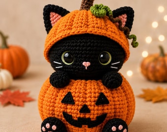 May include: A black crocheted cat plush toy wearing an orange pumpkin hat with a brown stem and green vine. The cat sits inside a larger orange crocheted pumpkin with a black jack-o'-lantern face, featuring black paws with pink paw pads.