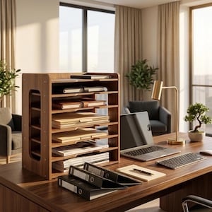 Wooden Desk Organizer Paper Tray Desktop Storage Rack Office File Letter Document Holder Mail Sorter Workspace Stand Wood Men Gift Home