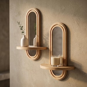 Mensola da parete in stile boho con specchio, design galleggiante, contenitore da parete in legno per camera da letto, espositore per piante, stile rustico da fattoria, da appendere