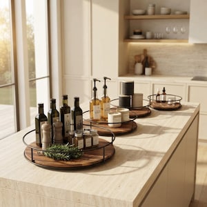 May include: Three round wooden trays with black metal rims arranged on a kitchen island. The trays hold various glass bottles of oil, spice jars, soap dispensers, candles, and small containers, creating an organized display of kitchen essentials.