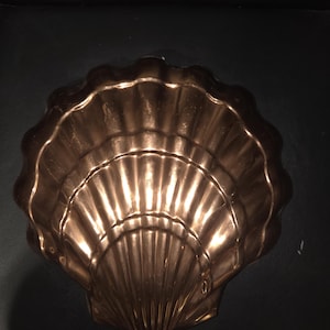 May include: A metallic copper-colored baking mold shaped like a large scallop shell. The mold features a series of deep, radiating ridges and grooves that extend from the narrow base to the wide, scalloped edge, creating a distinct shell pattern.