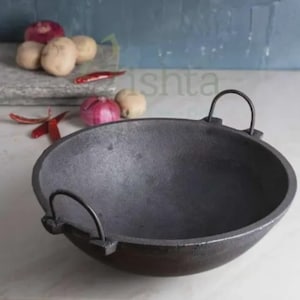 Panela Kadai artesanal de ferro fundido | Wok indiano pré-temperado com alças duplas | Utensílio de cozinha compatível com indução para fritar e cozinhar