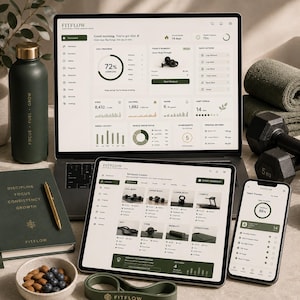 May include: A laptop, tablet, and smartphone displaying the Fitflow fitness dashboard interface. The setup includes a dark green water bottle, a notebook with a gold pen, a bowl of nuts, a resistance band, and a 5 kg dumbbell weight.