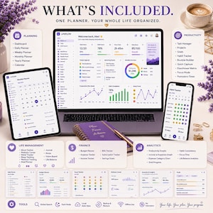 Könnte beinhalten: Eine digitale Planer-Oberfläche auf einem Laptop, Tablet und Smartphone mit Bereichen für Planung, Produktivität, Lebensmanagement, Finanzen und Analysen. Der Bildschirm zeigt Dashboards, Kalender, Gewohnheits-Tracker und Diagramme mit violetten Akzenten.