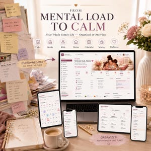 Könnte beinhalten: Ein digitales Familienorganisationssystem auf einem Laptop, Tablet und Smartphone mit einem Dashboard für Aufgaben, Mahlzeiten und Kalenderansichten. Der Bildschirm zeigt den Text FROM MENTAL LOAD TO CALM und verschiedene Planungskategorien.