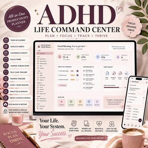 May include: A digital ADHD life command center planner displayed on a computer monitor and smartphone. The interface features sections for tasks, goals, habits, calendars, focus timers, journals, self-care, finance, and analytics in a soft palette.