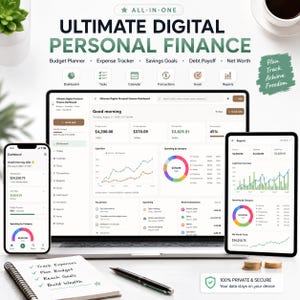 Może przedstawiać: Cyfrowy pulpit nawigacyjny finansów osobistych wyświetlany na laptopie, smartfonie i tablecie. Interfejs zawiera planery budżetu, śledzenie wydatków, cele oszczędnościowe, spłatę długów i wartość netto z wykresami oraz tekst Ultimate Digital Personal Finance.
