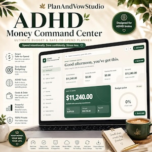 Op de afbeelding: Een digitale ADHD Money Command Center budgetplanner weergegeven op een laptopscherm. De interface bevat secties voor het huidige saldo, inkomsten, uitgaven, vermogen en veilige bestedingsbedragen. Tekst bevat PlanAndVowStudio, Good afternoon, you've got this en diverse labels voor financiële tracking.