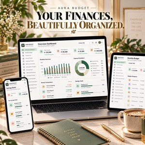 May include: A laptop, tablet, and smartphone displaying the Aura Budget financial dashboard with charts, expense breakdowns, and savings goals. The text reads Aura Budget, Your Finances, Beautifully Organized, and Budget Plan Save Grow.