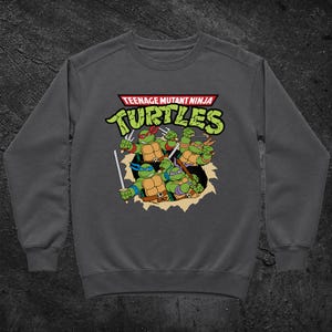Puede incluir: Una sudadera de cuello redondo en color gris carbón con un estampado gráfico de las Tortugas Ninja. El diseño muestra a las cuatro tortugas en poses de acción con sus armas y máscaras características sobre un fondo con efecto de papel rasgado.