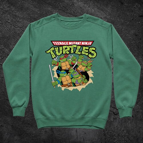 Sweat-shirt rétro vert tortue des égouts, Comfort Colors 1566, col rond, pull vintage tortues années 80-90, vert poivre