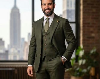 Terno sob medida verde-oliva de 3 peças | Traje de negócios sob medida para casamento
