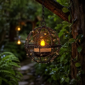 May include: A spherical hanging lantern constructed from dark metal wire, featuring a web-like design adorned with small gold beads. A single white tea light candle with a glowing yellow flame sits in the centre, suspended by a metal chain.