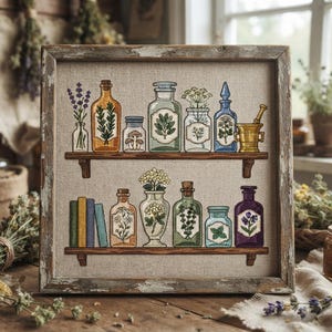 May include: A framed cross-stitch embroidery on linen fabric featuring two wooden shelves holding various glass apothecary bottles, jars, and books. The bottles contain botanical illustrations of herbs, flowers, and mushrooms, with a gold mortar and pestle.