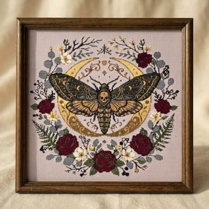Death's Head Hawk Moth Cross Stitch Pattern | Gothic Moon Floral Embroidery Design (PDF)
