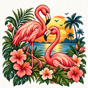 Puede incluir: Un patrón de punto de cruz con dos flamencos rosas entre vibrantes flores de hibisco rojas y hojas de palma verdes. El fondo muestra una puesta de sol sobre un océano azul con palmeras y pequeños pájaros volando en el cielo amarillo.