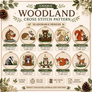 Puede incluir: Una colección digital de 10 patrones de punto de cruz con temática de bosque que incluye una ardilla listada, erizo, oso, conejo, ardilla, tejón, mapache, búho, zorro y cervatillo. Cada diseño se muestra en un bastidor con recuento de colores.